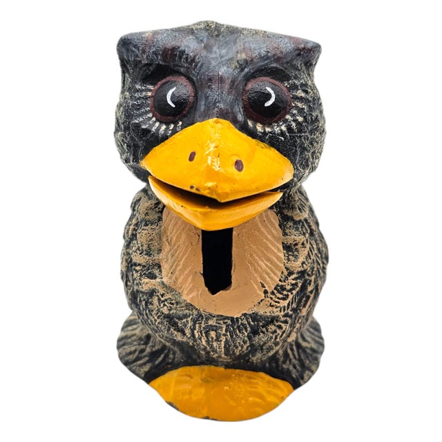 Vintage Hand-Painted Resin Owl Coin Bank, Late 20th Century For Sale