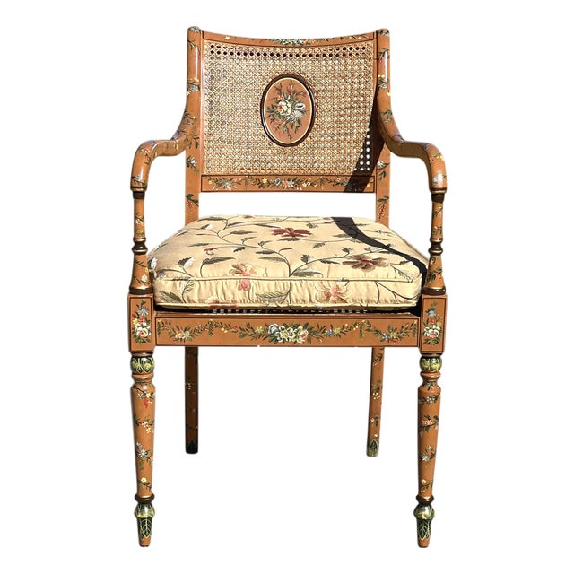 Late 20th Century English Adam’s Style Painted Cane Armchair For Sale