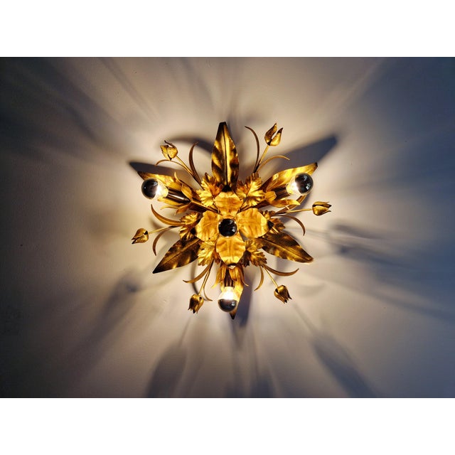Gold Floral Ceiling Light in Gilded Metal, Italy, 1970s For Sale - Image 8 of 15