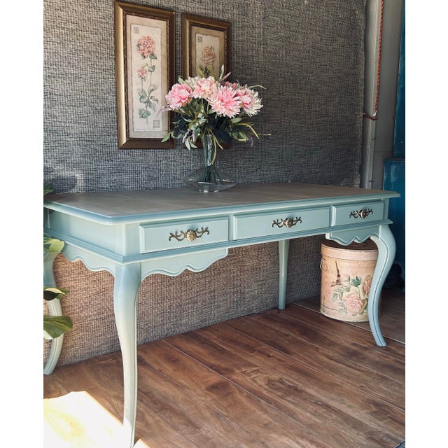 Mid-Century Louis XV Style Refinished Teal-Turquoise Solid Wood 3-Drawer Desk For Sale - Image 10 of 12