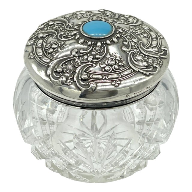 American Brilliant Cut Glass, Sterling & Turquoise Dresser Jar, by Whiting For Sale