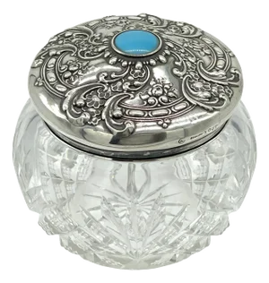 American Brilliant Cut Glass, Sterling & Turquoise Dresser Jar, by Whiting