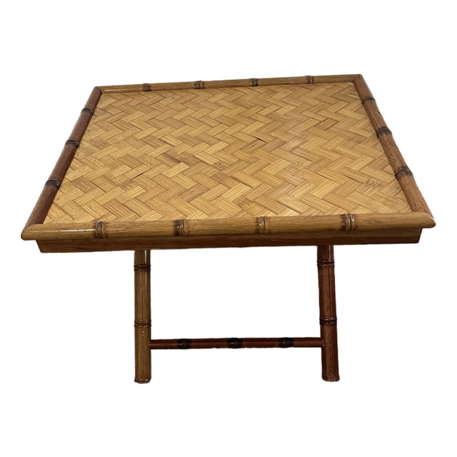 1970s Mid-Century Modern Handcrafted Rectangular Bamboo Serving Table With a Sturdy X-Base For Sale