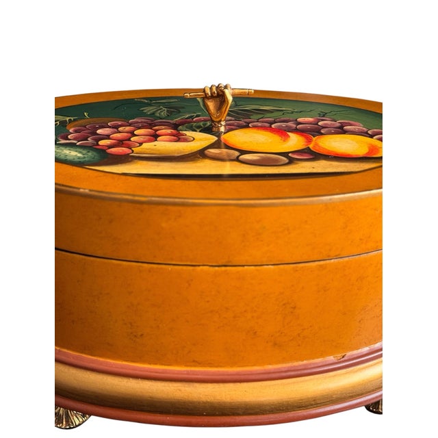 Traditional Maitland-Smith Hand Painted Fruit Box With Brass Hand Handle For Sale - Image 3 of 10