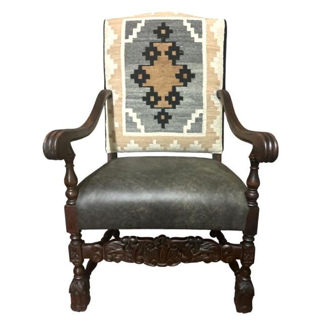 Antique 19th Century Hacienda Chair Reupholstered With Vintage Oaxaca Zapotec Tapestry and New Leather For Sale - Image 4 of 9