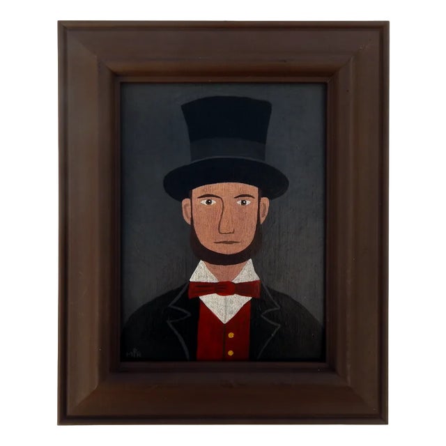 Matt Rix, Naive Portrait of Victorian Gentleman in Top Hat, Oil on Board, Framed For Sale