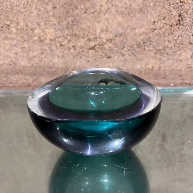 AMBIANIC presents 1960s Italian Murano Green Art Glass Geode Triangular Bowl Unmarked 4 x 4 x 1.75 Preowned original...