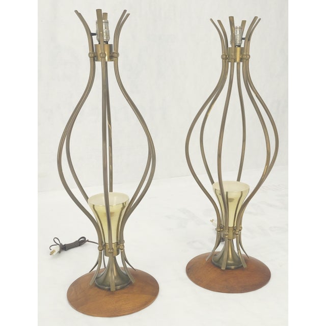 Pair of Onion Shape Turned Solid Walnut Bases Brass Harps Table Lamps MINT! For Sale - Image 13 of 13