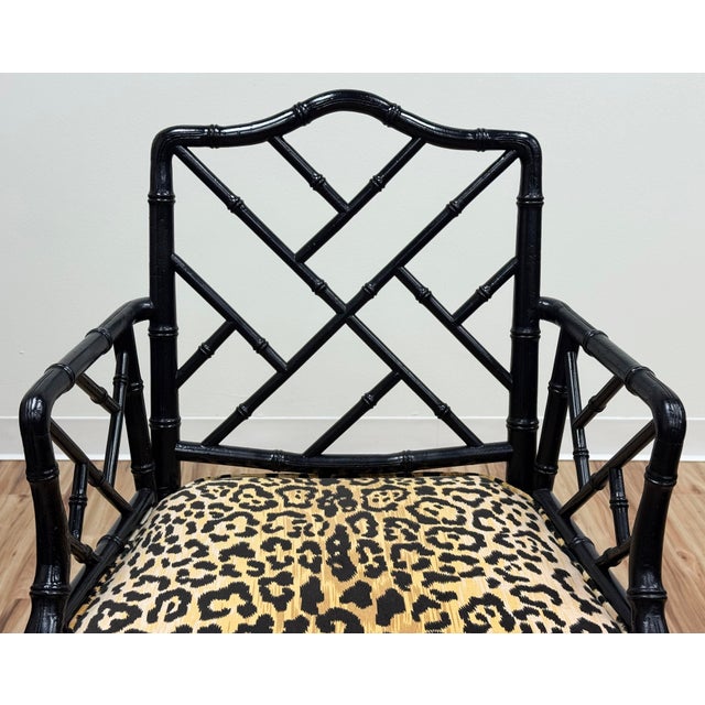 Black Vintage Chippendale Style Black Faux Bamboo Arm Chair W/ Leopard Print Velvet Upholstery For Sale - Image 8 of 11
