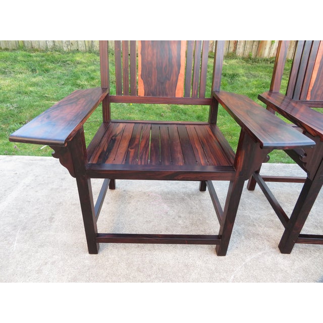 Wood Vintage ~ Mortise Tenon Arts & Crafts Style ~ Exotic Wood Arm Chair Pair ~ Ziricote Macassar ~ Mid Century Rosewood For Sale - Image 7 of 15