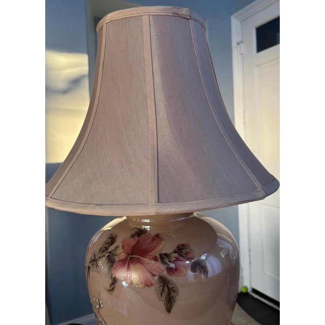 1970s Vintage Floral Ceramic Table Lamp With Brass Base & Bell Shade For Sale - Image 5 of 8