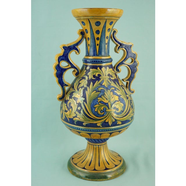 Item : Beautiful large two-handled arabesque majolica vase, glazed and vitrified, entirely wheel-turned and hand-...