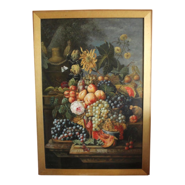 Still Life Oil on Canvas Painting: Flowers and Fruit For Sale