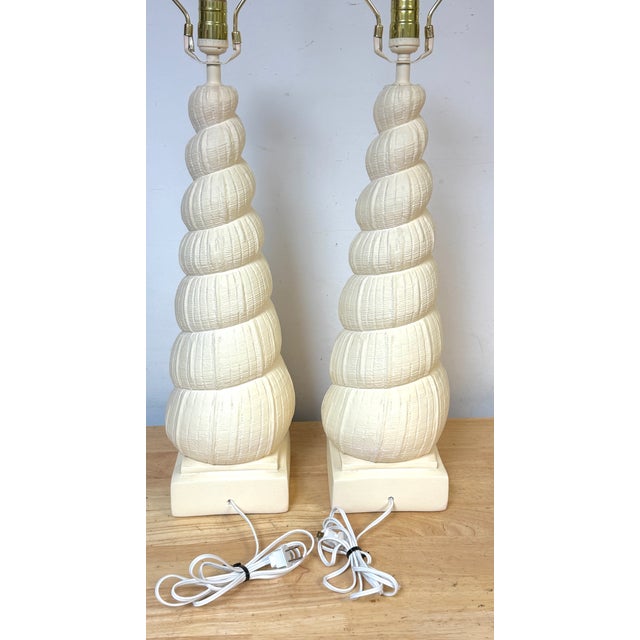1980s Hollywood Regency Spiral Seashell Form Plaster Table Lamps - a Pair For Sale - Image 10 of 15