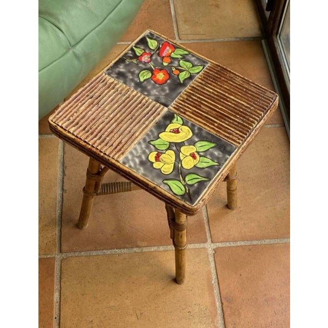 Charming small coffee table, side table, or low pedestal table in natural rattan, attributed to designers Audoux and...