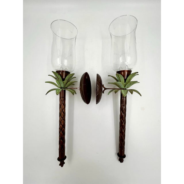 Vintage 1990s Metal Palm Tree Candle Wall Sconces With Glass Hurricane Shades - A Pair For Sale - Image 11 of 12