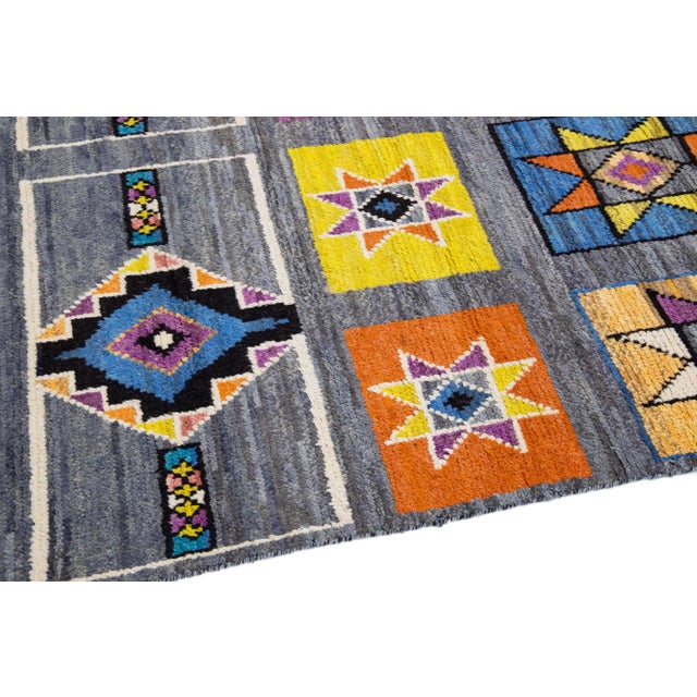 Gray Contemporary Moroccan Style Multicolor Handmade Wool Rug With Geometric Design For Sale - Image 8 of 14