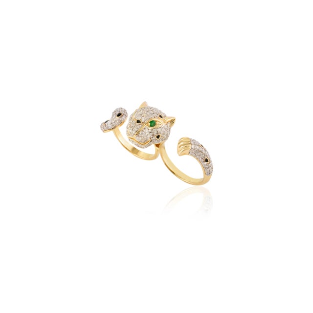 Metal Contemporary 2.06ct Cluster Diamond & Emerald Panther Two Finger Ring in 18k Solid Gold For Sale - Image 7 of 14