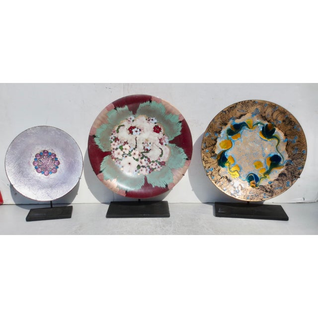 Blue Assembled Set of 3 MCM Enamel Copper Trays - A Set of 3 For Sale - Image 8 of 13