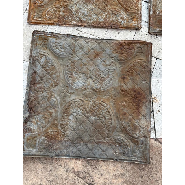 Salvage Tin Ceiling Tiles – Ornate Scroll & Diamond Lattice Design – Original Architectural Victorian Antique For Sale - Image 9 of 12