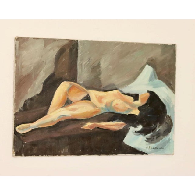 V. Rasmussen, Reclining Nude, 1950s, Oil on Canvas For Sale - Image 9 of 10