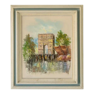 Mid Century Street Scene Monument Cityscape Signed Painting