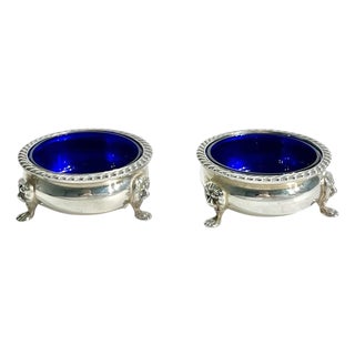 Antique Silver Plate and Cobalt Glass Salt Cellars With Lion Paw Feet - a Pair For Sale