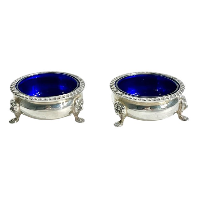 Antique Silver Plate and Cobalt Glass Salt Cellars With Lion Paw Feet - a Pair For Sale
