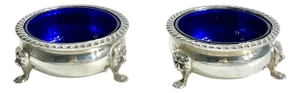 Antique Silver Plate and Cobalt Glass Salt Cellars With Lion Paw Feet - a Pair