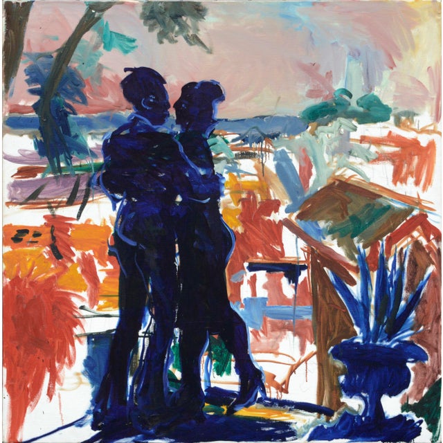 Wonderfully expressive Bay Area Figurative School piece featuring a silhouette of a couple in a dynamic and colorful...