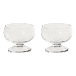 Tuscan 2-Piece Set Handmade Etched Condiment Glass Footed Bowls, Small For Sale