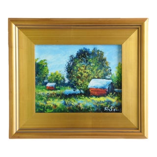Red Cottages & Lush Landscape Oil Painting Including the Antiqued Gold Wood Frame For Sale