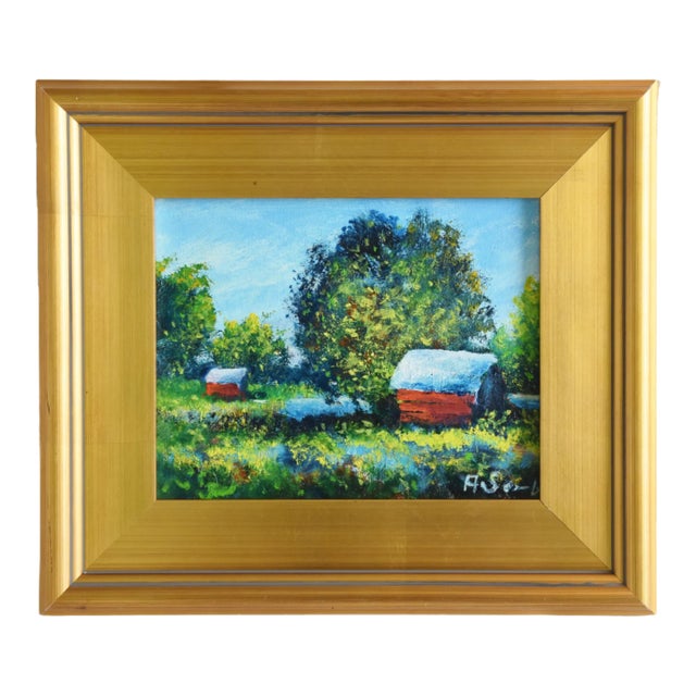 Red Cottages & Lush Landscape Oil Painting W/ Antiqued Gold Wood Frame For Sale