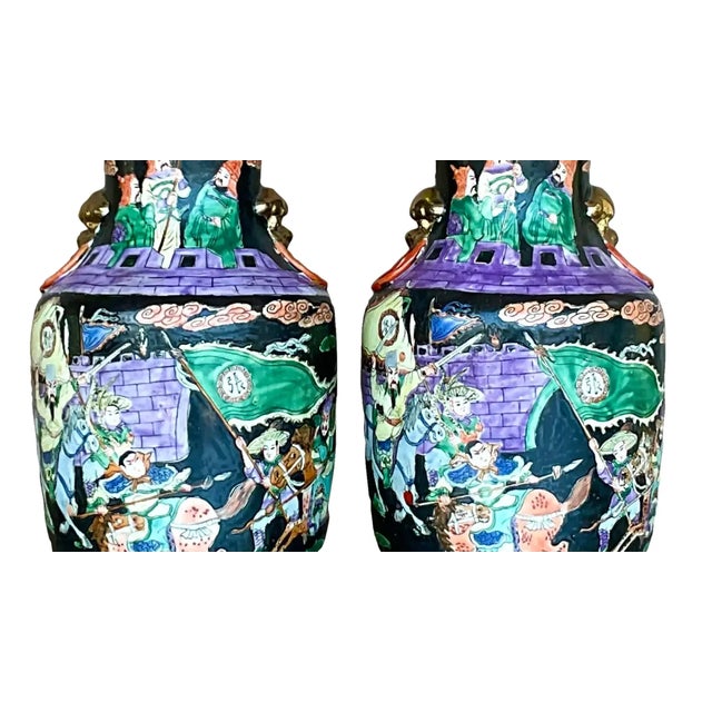 Ceramic Vintage Chinoiserie Hand-Painted Ceramic Figural Table Lamps – A Pair For Sale - Image 7 of 12