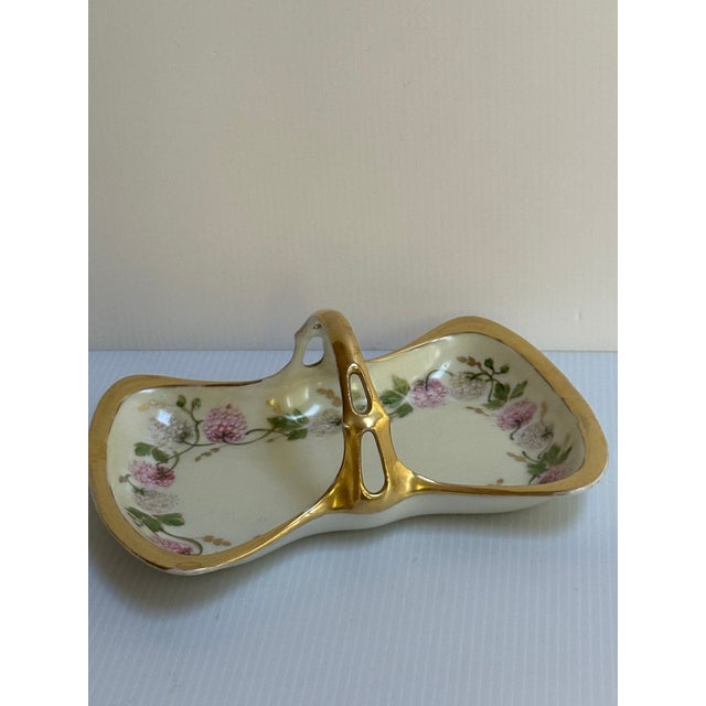 Art Nouveau Antique 1880s Limoges France Cottage Bon Bon Basket With Handle, Hand-Painted Floral Design With Heavy Gold Trim For Sale - Image 3 of 17