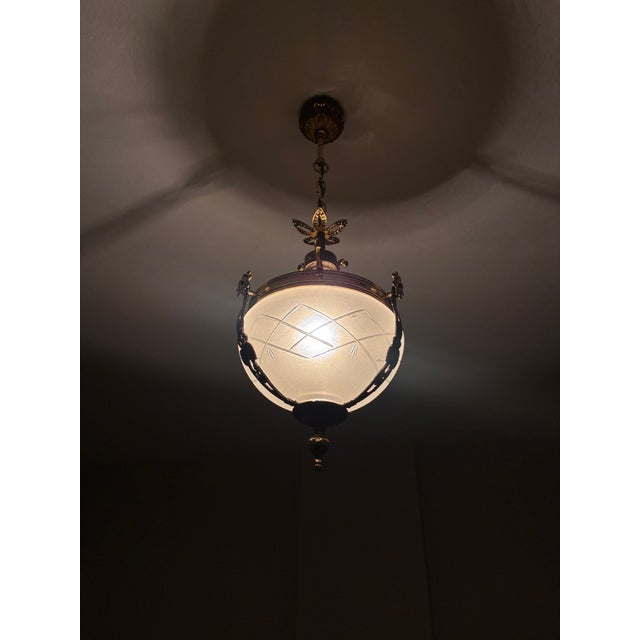 1960s French Brass & Etched Glass Bowl Pendant Light - Restored For Sale - Image 18 of 18