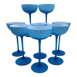 Vintage Carlo Moretti Italy Blue White Cased Glass Tall Stem Champagne Coupes - Set of 8 For Sale