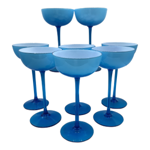 Vintage Carlo Moretti Italy Blue White Cased Glass Tall Stem Champagne Coupes - Set of 8