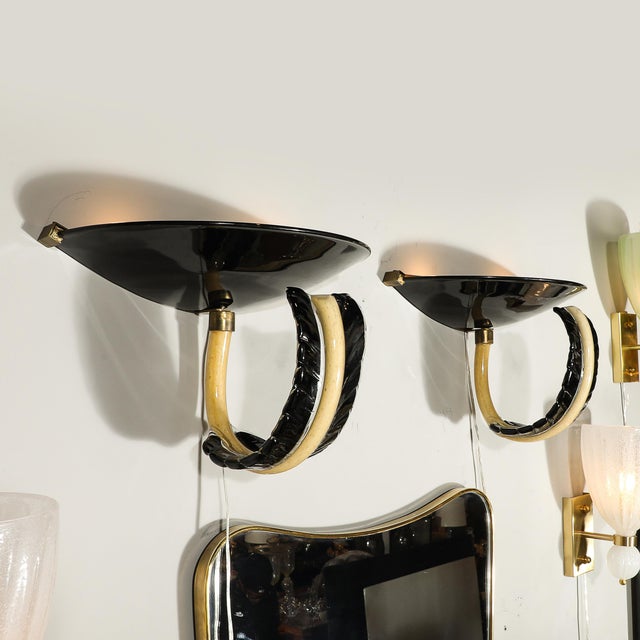 1950s Mid-Century Rare Hand-Blown Murano Black & Gold Acanthus Glass Sconces by Seguso - a Pair For Sale - Image 17 of 17