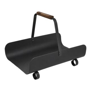 1970s Blackened Iron Firewood Holder With Hardwood Handle For Sale
