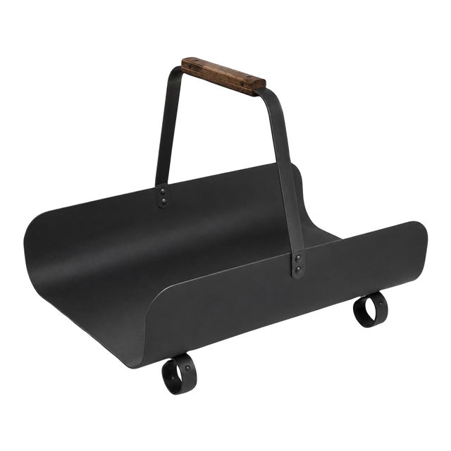 1970s Blackened Iron Firewood Holder With Hardwood Handle For Sale