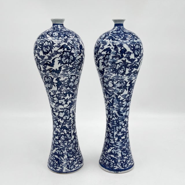 Ceramic Vintage Chinoiserie Blue and White Tall Slender Dragon Vases - A Pair For Sale - Image 7 of 9