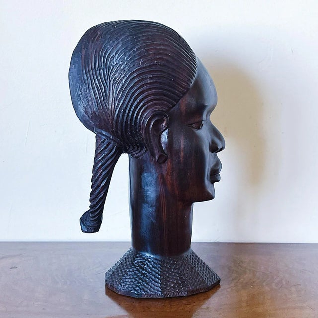 Early 20th Century Large Hand-Carved Bust of African Woman in Wood For Sale - Image 4 of 10
