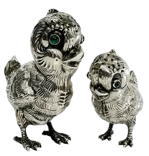 Spanish Silver Salt and Pepper Shakers in the Shape of Chicks, 1940s, Set of 2