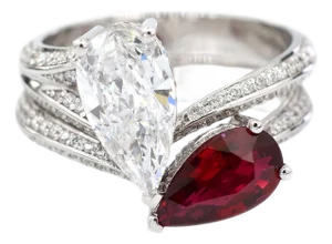18k(750) Solid White Gold Natural Diamond and Ruby Toi Et Moi Ring, Size 6.5