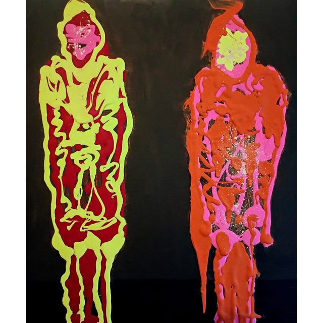 Figurative Colorful Abstract Painting of 6 Standing Figures by Christopher Shoemaker 24” X 36”, Signed For Sale - Image 3 of 9