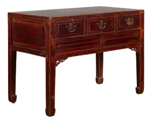 Early 20th Century Chinese Antique Console Table with Drawers, Horse Hoof Legs and Dark Red Patina