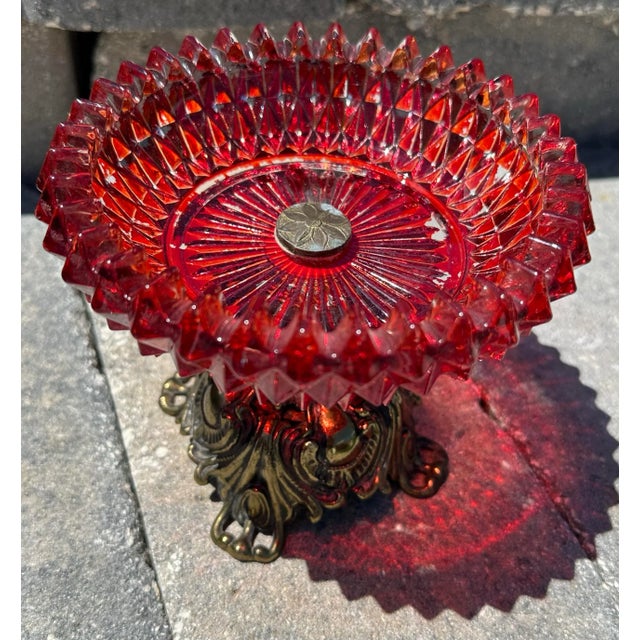 Hollywood Regency Vintage 1973 Brass Footed Ruby Red Diamond Cut Glass Compote Dish For Sale - Image 3 of 12