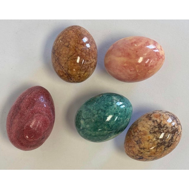 Vintage set of five (5) polished eggs of varied natural stone marble, alabaster, onyx etc. Perfect displayed in a bowl or...