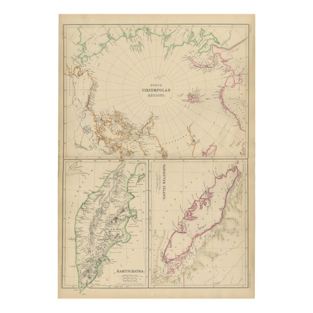 Antique Map of North Circumpolar Regions with Kamtschatka and Vancouver Island, 1860 For Sale
